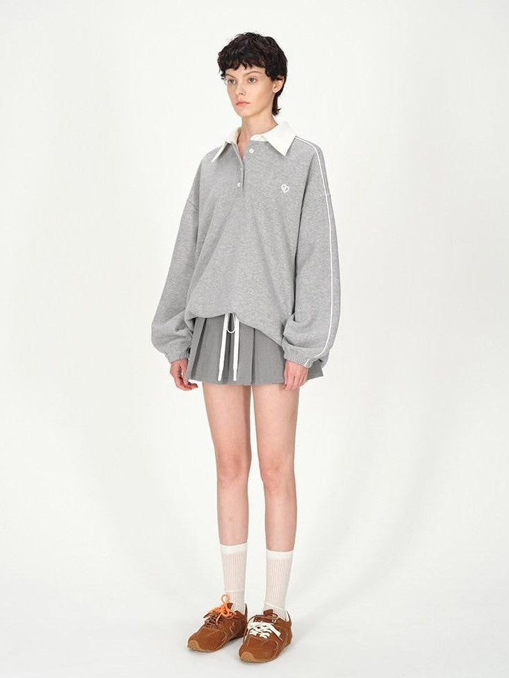 AFTADAWN Gray Embroidered Polo Collar Fleece Pleated Women&