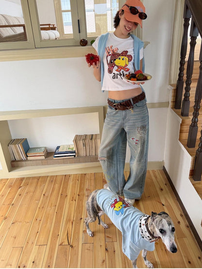 sancco house Denim Puppy Illustration Print Crop Crew Neck Women&