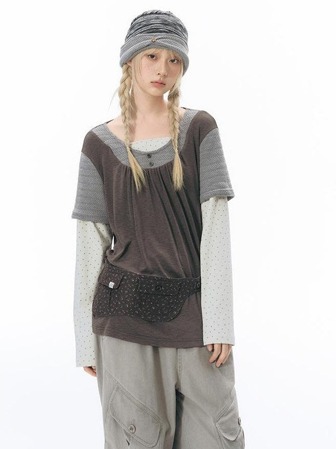 NAPSNAPS Vintage Spliced Faux Layered Round Neck Women&