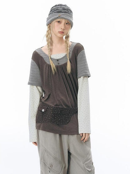 NAPSNAPS Vintage Spliced Faux Layered Round Neck Women&