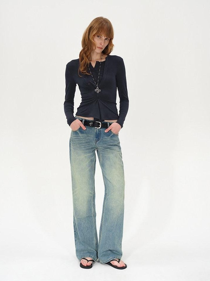 AFTADAWN Irregular Button Placket Faux Layered Women&