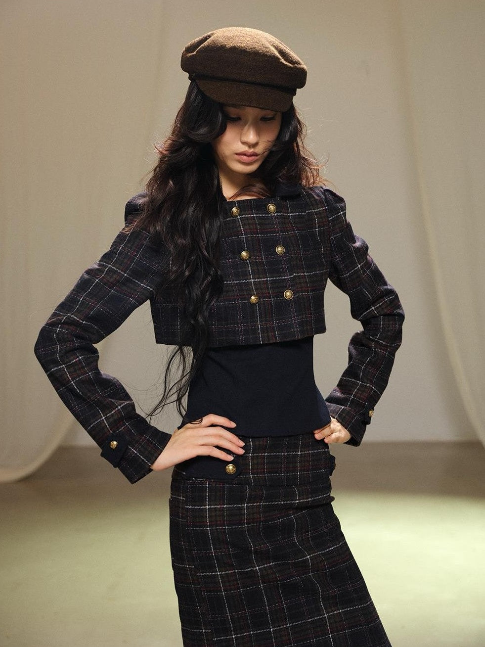 lvetong Plaid Wool Blend Cropped Jacket Long Sleeve Fishtail Skirt Women&