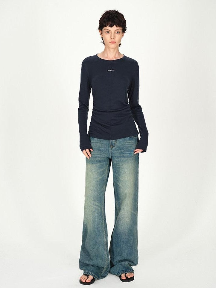 AFTADAWN Logo Embroidery Ruched Waist Round Neck Women&