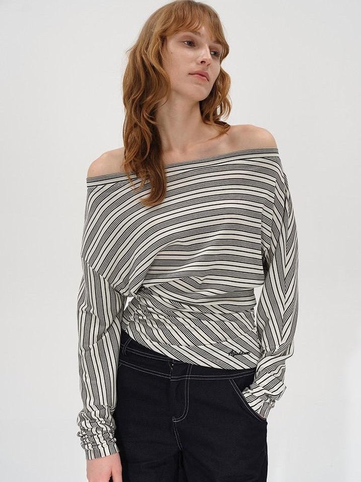 AFTADAWN Ruched Asymmetric Neck Striped Women&