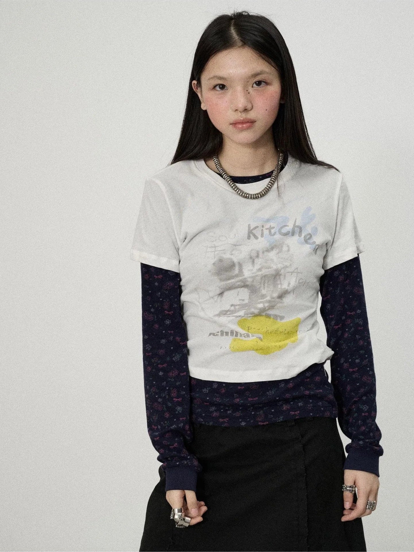 Achihara Two Piece Knit Set With Floral Print V-neck T-shirt Long Sleeve