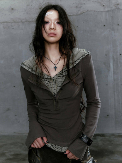 Cest Nous Gray Green Patchwork Layered Faux Two Piece Punk Women&