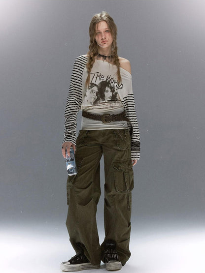 Cest Nous Distressed Multi Pocket Dual Waist Contrast Military Women&