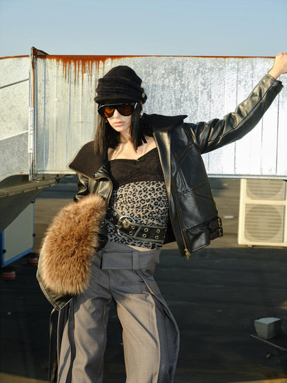 2th Desire Thick Detachable Fur Punk Straight Short Zipper Women Polyester Leather Jackets