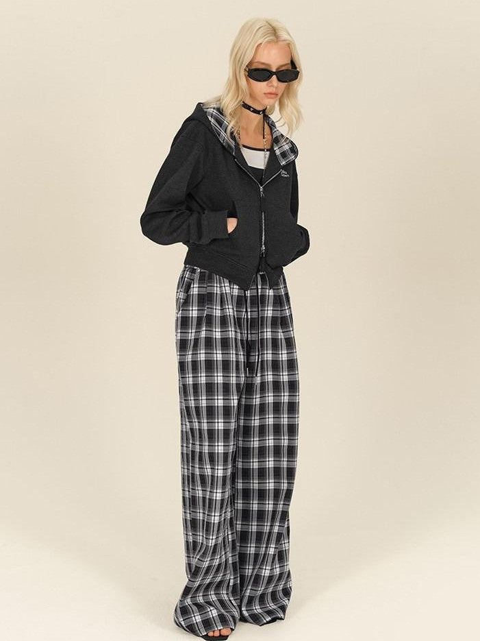 AFTADAWN Gray Plaid Patchwork Double Zipper Women&