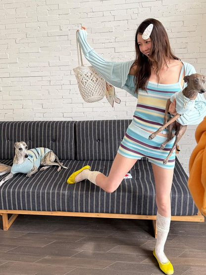 sancco house Gradient Yarn Striped Cardigan Cami Women&