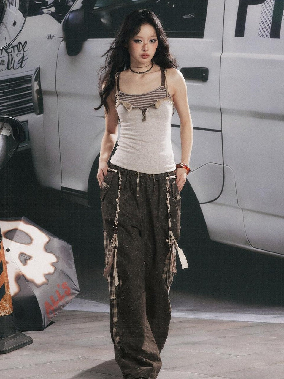 ALL iN plan Coffee Plaid Patchwork High Waist Loose Straight Women&