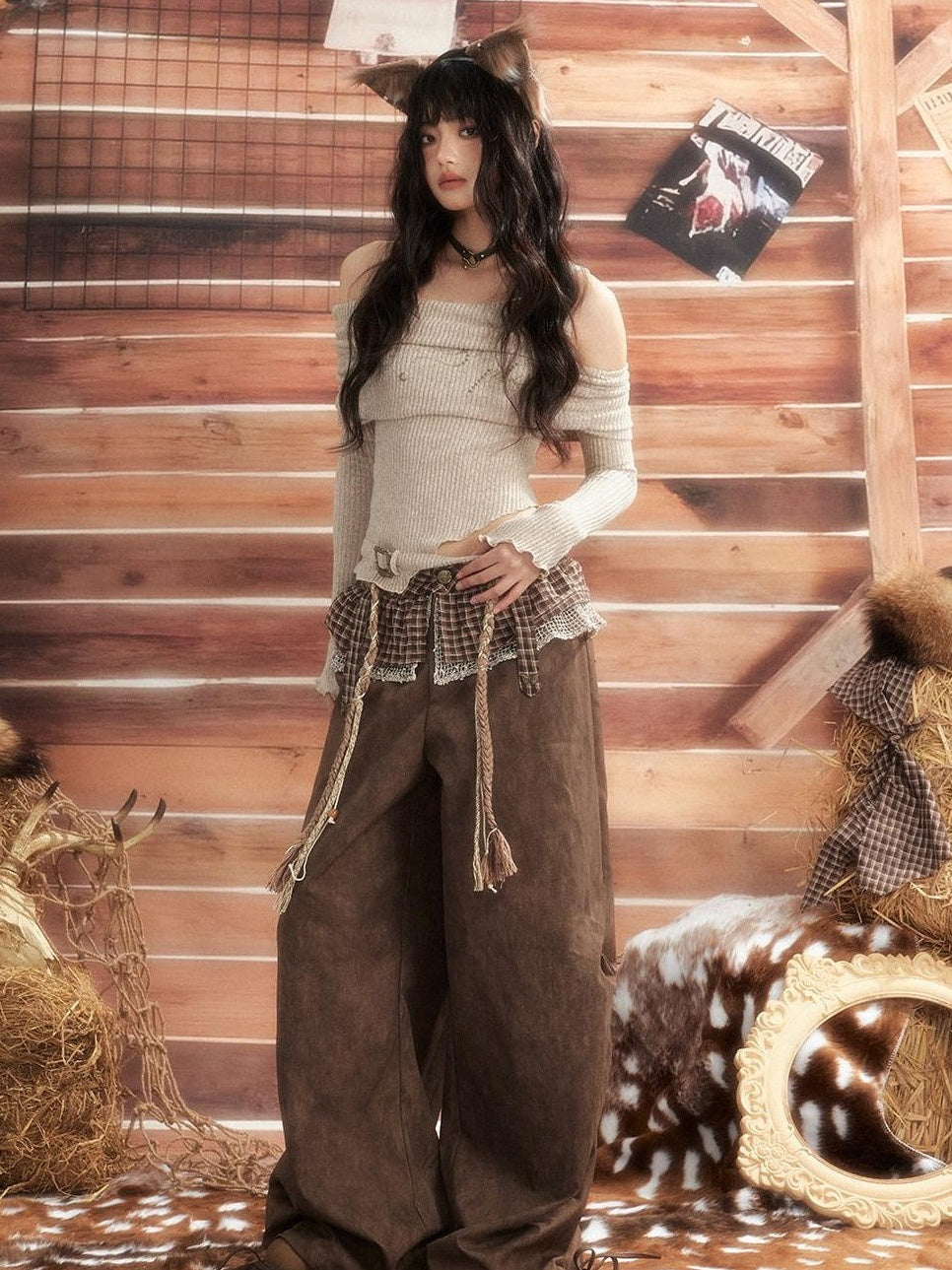 ALL iN plan Brown Tie Dye Waist Belt High Waist Vintage Loose Workwear Women&