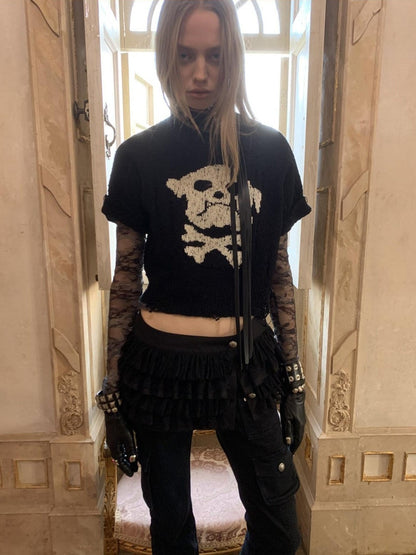 1JINN STUDIO Skull Jacquard Knit Ripped Fitted Punk Women&