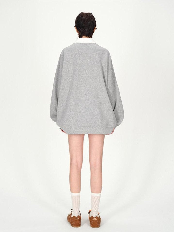 AFTADAWN Gray Embroidered Polo Collar Fleece Pleated Women&