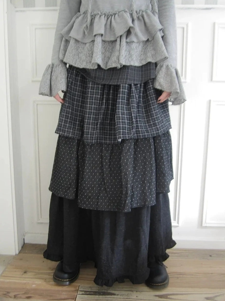 ang project Vintage Checkered Polka Dot Tiered Ruffle Skirt Skirt