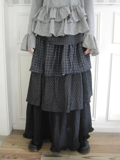 ang project Vintage Checkered Polka Dot Tiered Ruffle Skirt Skirt