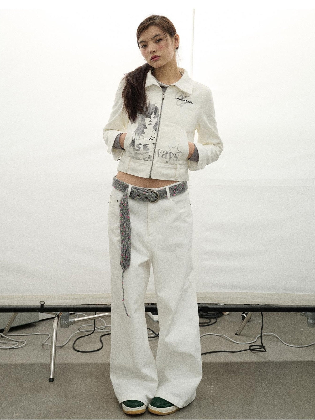 Achihara Print Fleece Lined Stand Collar Cotton Denim Women&