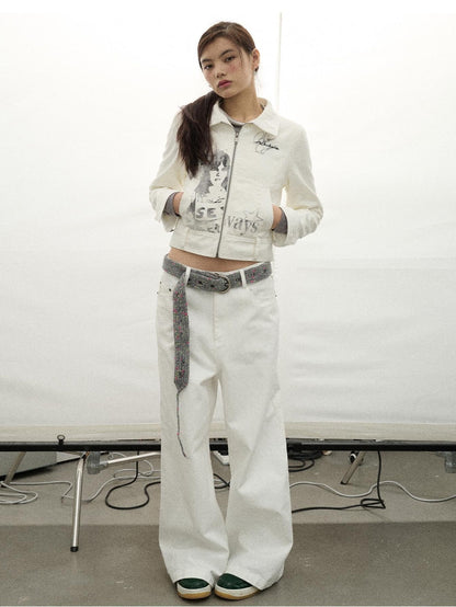 Achihara Print Fleece Lined Stand Collar Cotton Denim Women&