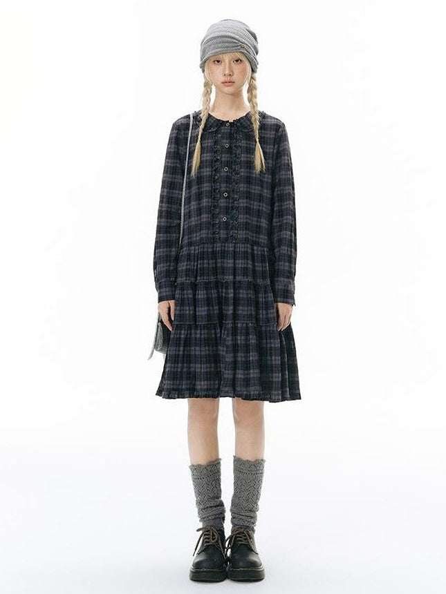 NAPSNAPS Plaid Doll Collar Ruffled Long Sleeve Women&