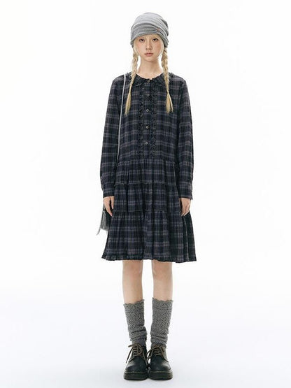 NAPSNAPS Plaid Doll Collar Ruffled Long Sleeve Women&