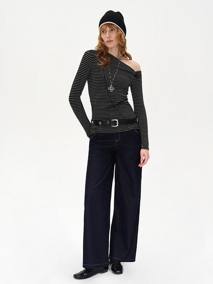 AFTADAWN Striped Ruched Off Shoulder Asymmetric Women&