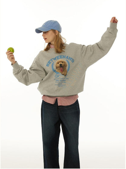 BETWEENAND Gray Tongue Out Puppy Motif Loose Fit Women&