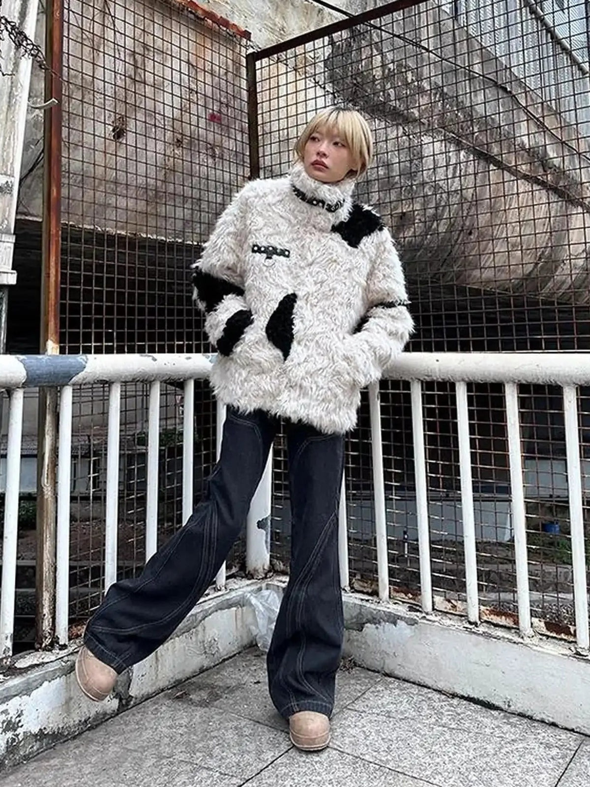 CFIERCE Rebel Rabbit Black White Patchwork Wool Coat