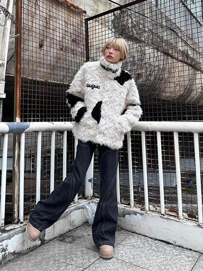 CFIERCE Rebel Rabbit Black White Patchwork Wool Coat