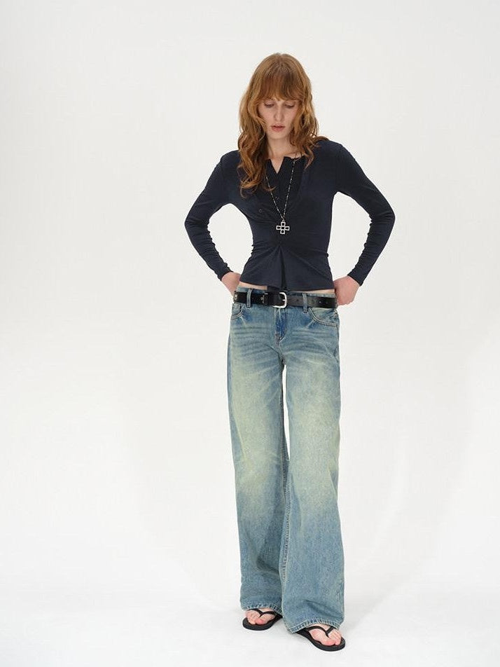 AFTADAWN Irregular Button Placket Faux Layered Women&