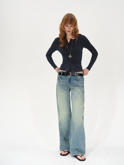 AFTADAWN Irregular Button Placket Faux Layered Women&