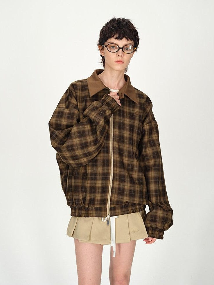 AFTADAWN Contrast Leather Collar Embroidered Reversible Plaid Women&