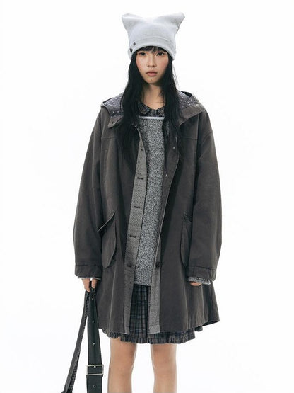 NAPSNAPS Hooded Panelled Loose Cotton Long Sleeve Mid Length Women&