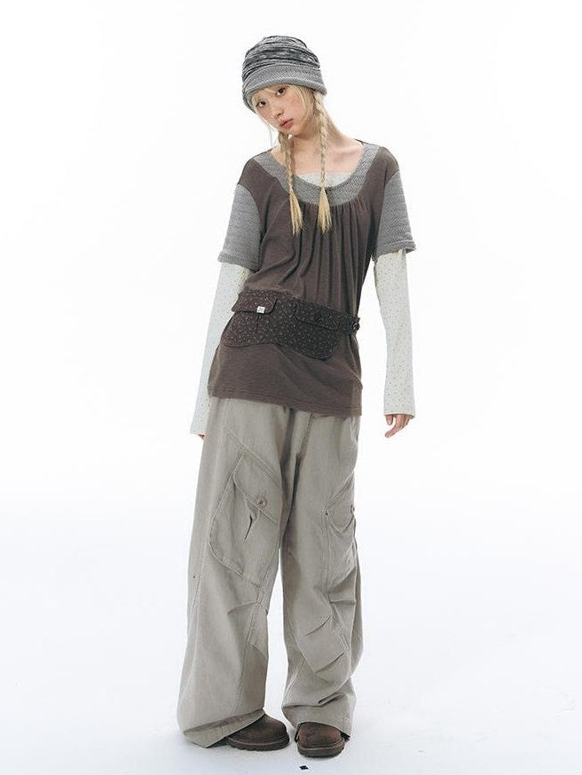 NAPSNAPS Vintage Spliced Faux Layered Round Neck Women&