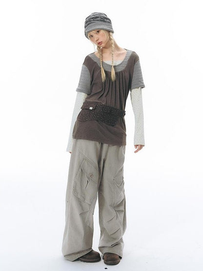 NAPSNAPS Vintage Spliced Faux Layered Round Neck Women&