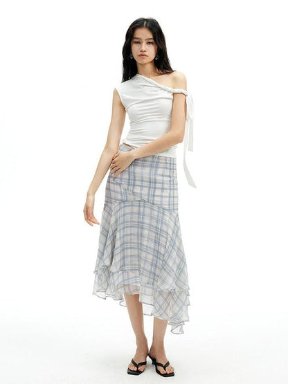 AFTADAWN Light Blue Ruffled Spliced Mesh Mermaid Women&