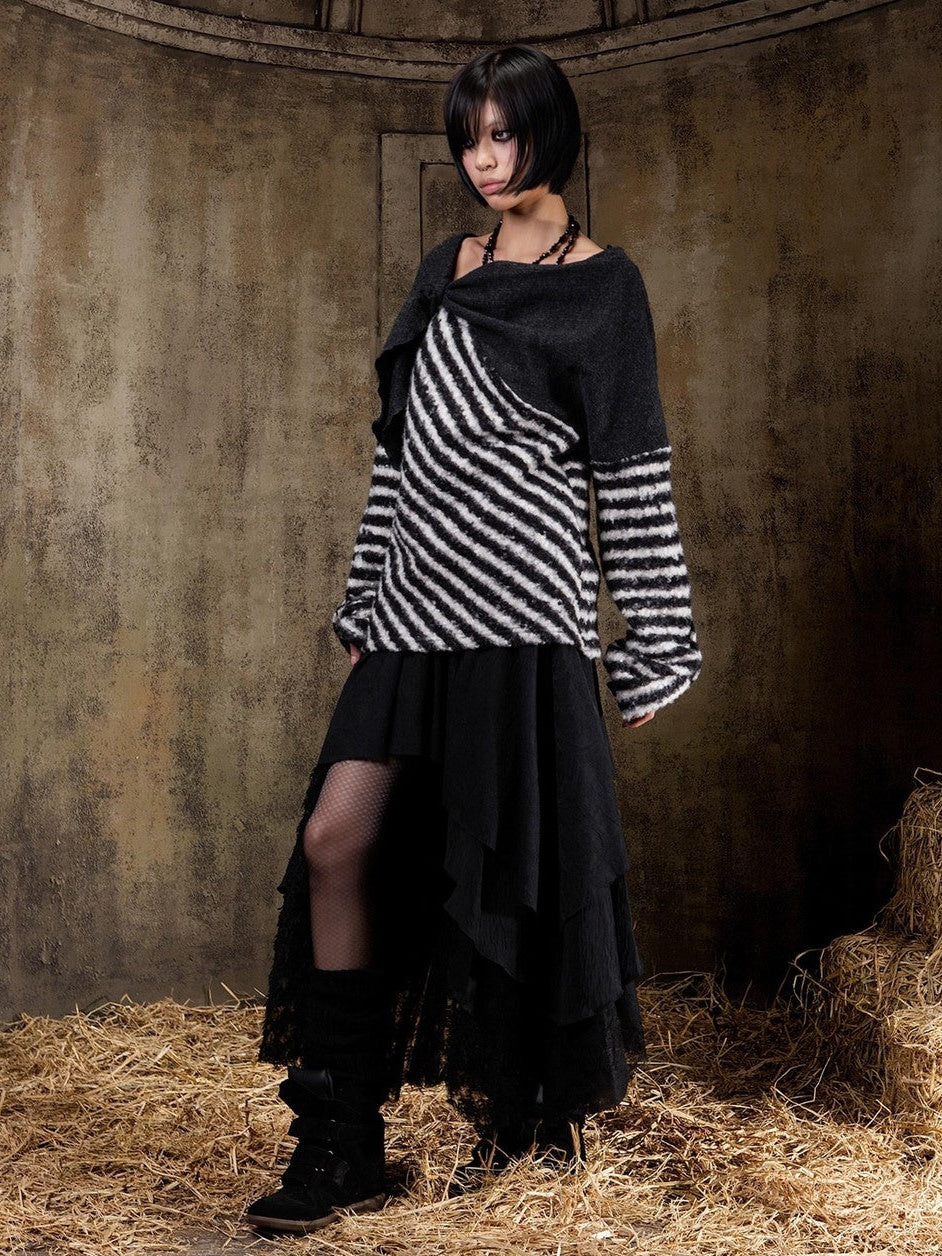 ARIADNAw Contrast Stripe Off Shoulder Punk Women&