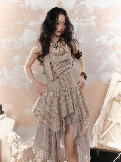 ALL iN plan High Waist Asymmetric Patchwork Spaghetti Strap Khaki Casual Midi Dresses