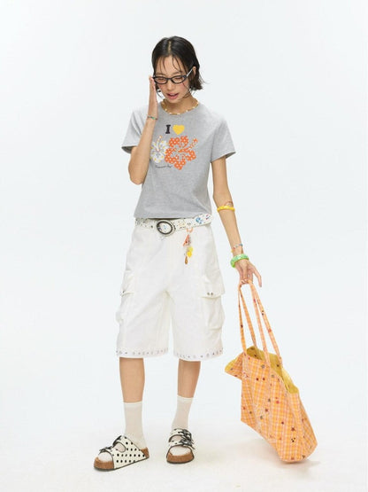BETWEENAND Two Tone Floral Print Crewneck Short Sleeve Women&