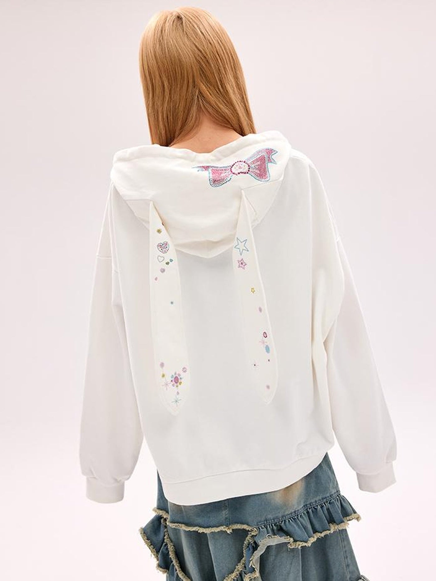 CFIERCE Embroidered Rabbit Ear Hoodie With Rhinestone Details