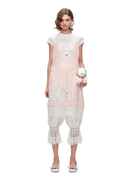 1JINN STUDIO Solid Lace Lantern Style Loose Drape Elastic Waist Women&