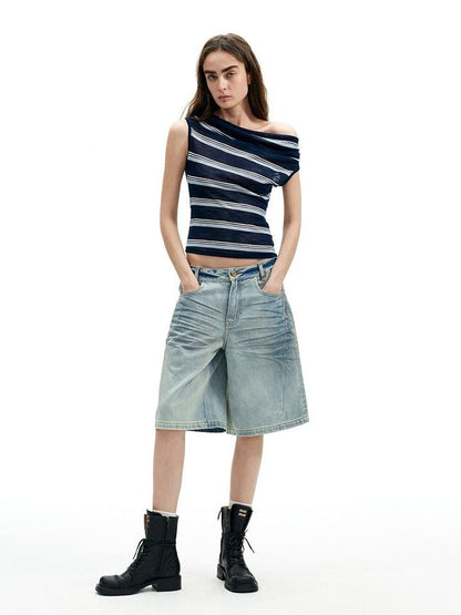AFTADAWN Sheer Pleated Wide Stripe Multiway Off Shoulder Women&