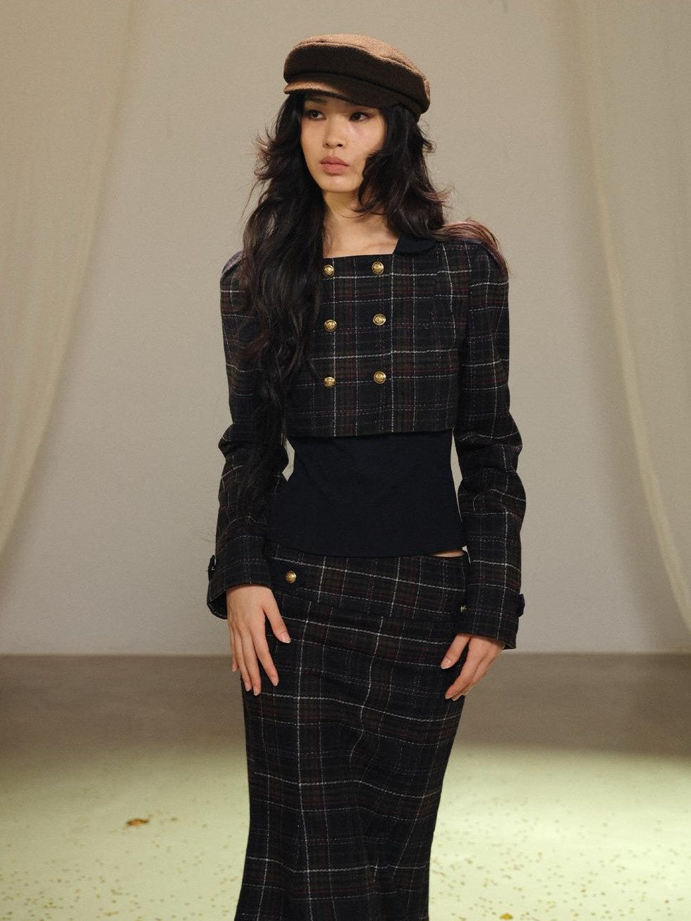 lvetong Plaid Wool Blend Cropped Jacket Long Sleeve Fishtail Skirt Women&