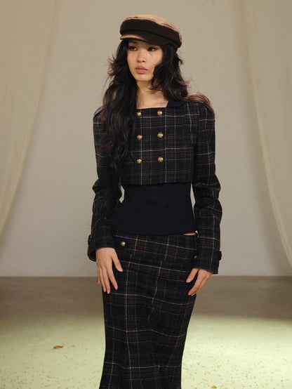 lvetong Plaid Wool Blend Cropped Jacket Long Sleeve Fishtail Skirt Women&