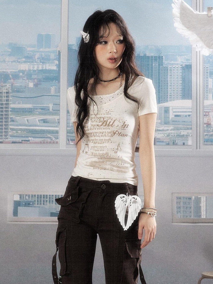 ALL iN plan Soft Lyocell Casual Round Neck A Line Sleeve Women Letter Print Offwhite Tshirt