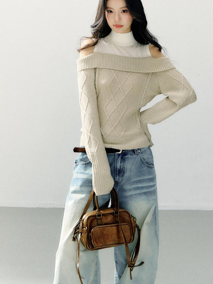 7Shiftin Faux Layer Halter Neck Relaxed Slim Fit Women Campus Knit Pullover Sweaters