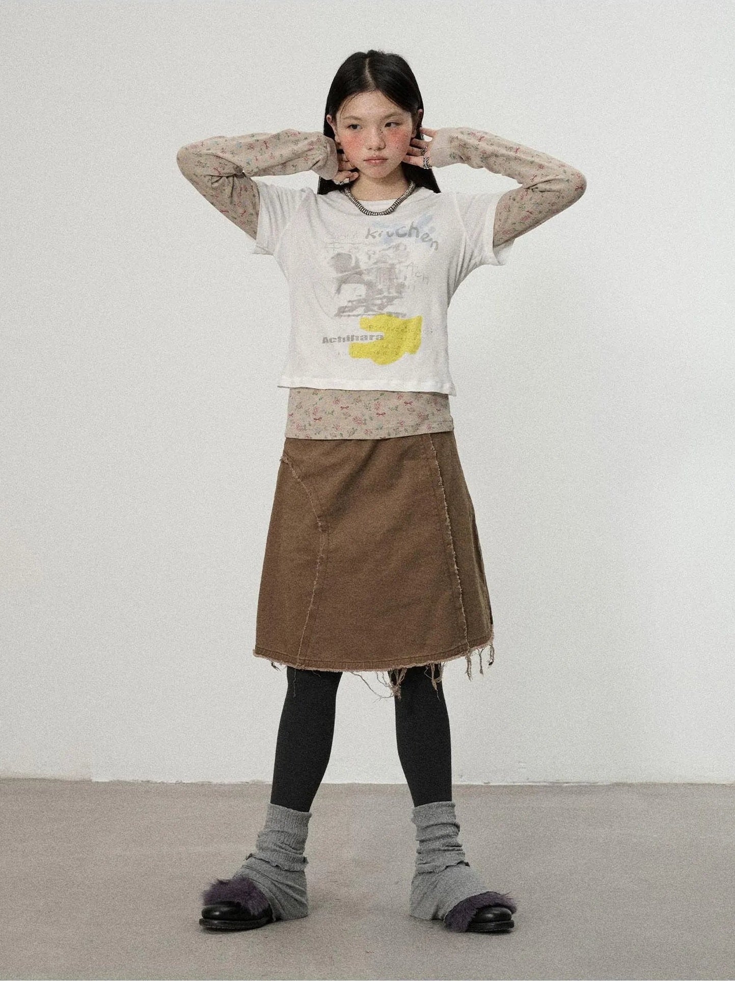 Achihara Two Piece Knit Set With Floral Print V-neck T-shirt Long Sleeve