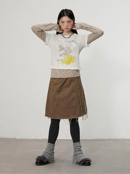 Achihara Two Piece Knit Set With Floral Print V-neck T-shirt Long Sleeve