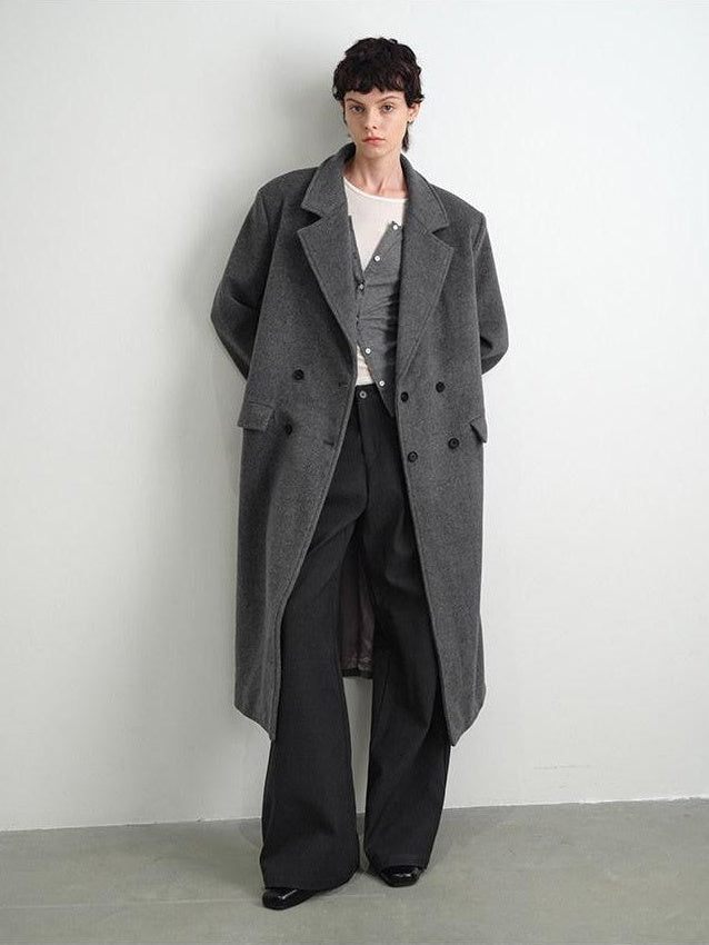 AFTADAWN Gray Double Breasted Half Collar Pocket Long Women&