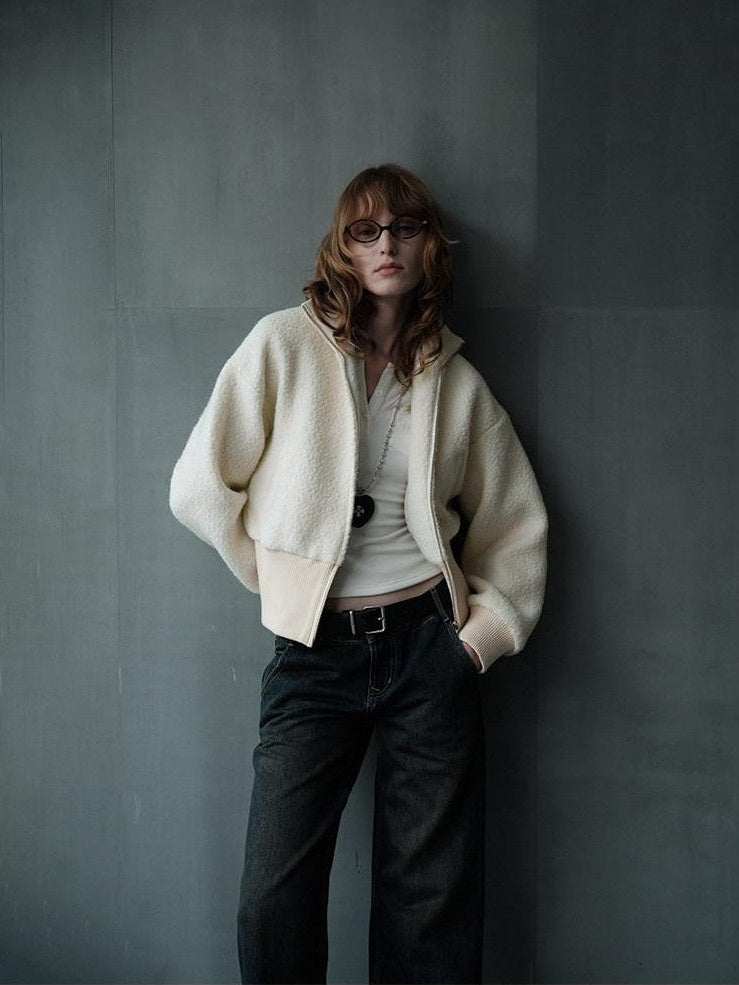 AFTADAWN Ivory Ribbed Knit Zip Stand Collar Women&