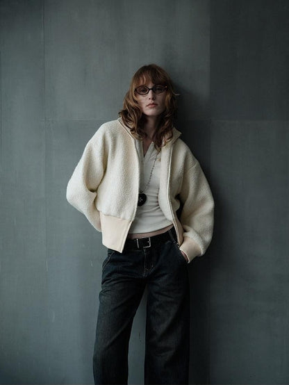AFTADAWN Ivory Ribbed Knit Zip Stand Collar Women&
